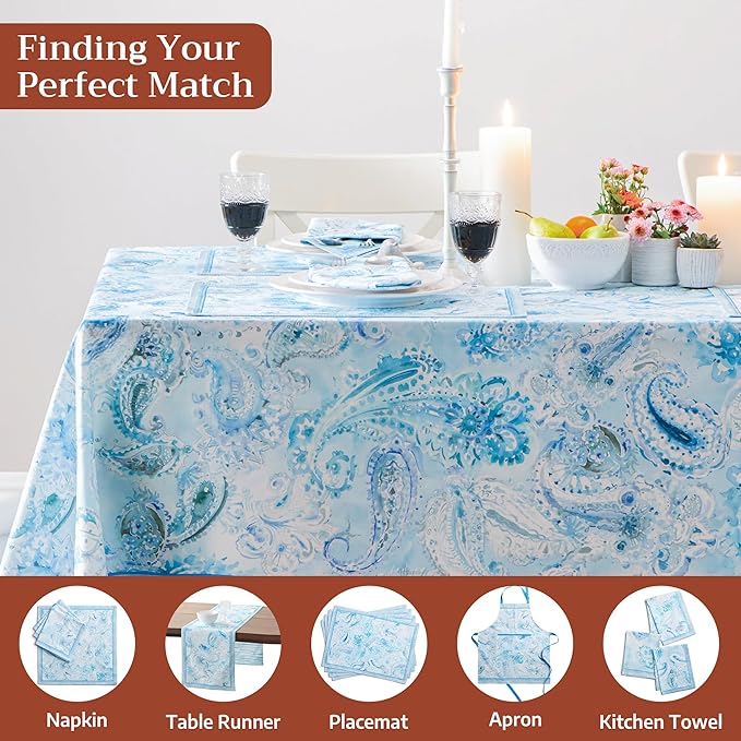Maison d' Hermine Premium Table Cloth Rectangle Table 100% Combed Cotton 90 x 70 Inches Tablecloth Reusable Decorative for Dining Room, Farmhouse, Home, Party, Festive & Wedding - Paisley Blues