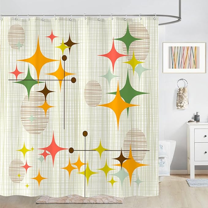 Long Mid Century Modern Shower Curtain Retro Stars Shower Curtains for Bathroom Abstract Vintage Boho Art Waterproof Fabric Bath Curtain Decor (Yellow1, 72'' x 78'')