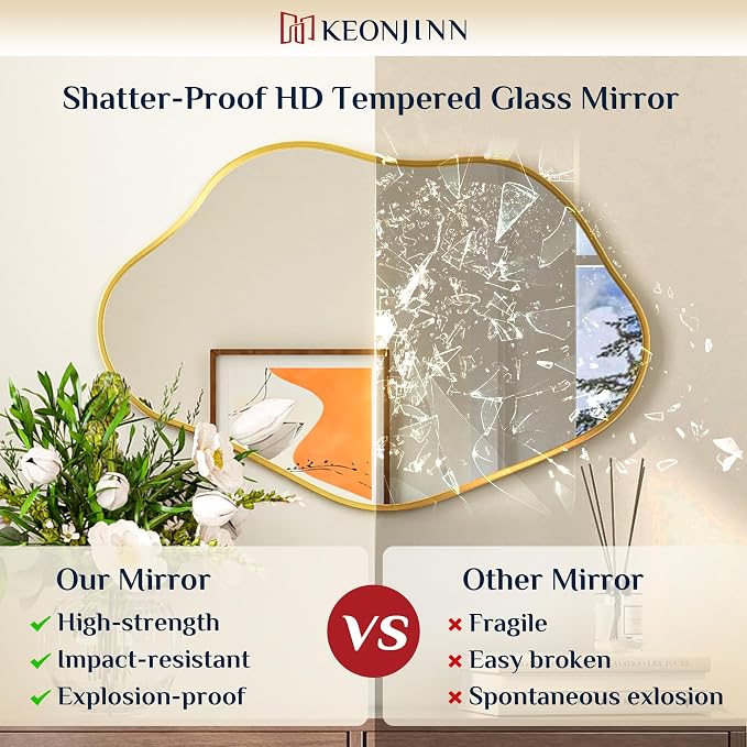 Keonjinn Gold Irregular Mirrors for Wall 48" x 24" Inch, Asymmetrical Metal Frame, Tempered Glass Decorative Mirror for Bathroom, Bedroom, Living Room, Entryway(Horizontal/Vertical)