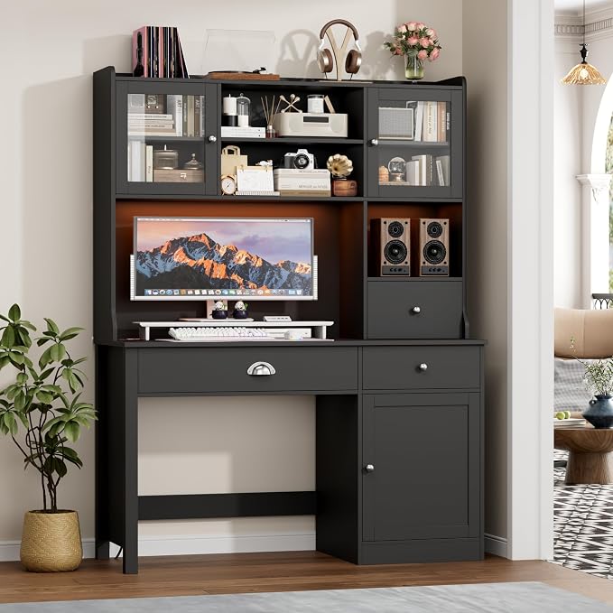 FACBOTALL Computer Desk with Hutch and RGB Lights, 65" Office Desk with Power Outlet, Makeup Vanity with 3 Doors & 3 Drawers, Executive Desks for Home, Work and Study, Black (Black)