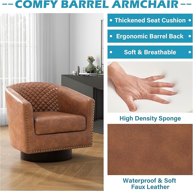 UIXE Faux Leather Swivel Barrel Accent Chairs Set of 2, Upholstered Armchair Club Chair for Living Room, Round Comfy Single Sofa Bedroom Side Reading Seat - Brown