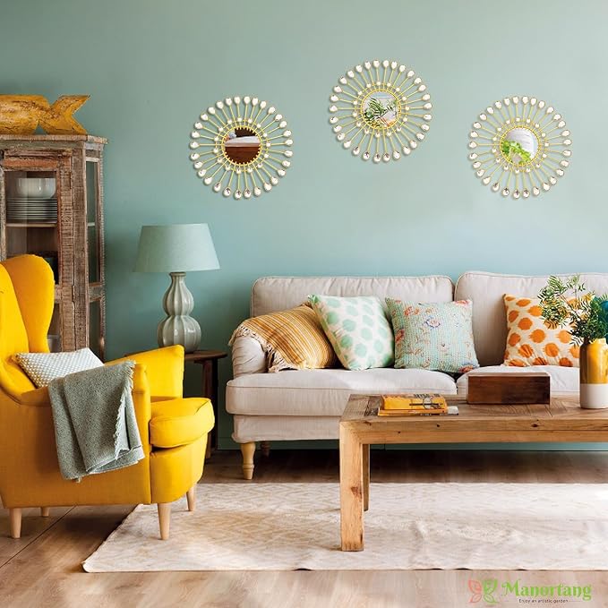 Gold Mirrors - Sunburst Valentine Wall Art, Decorative Round Mirrors for Valentine Bedroom, Living Room, Bathroom, Kitchen, Entryway, Hallway - Set of 3