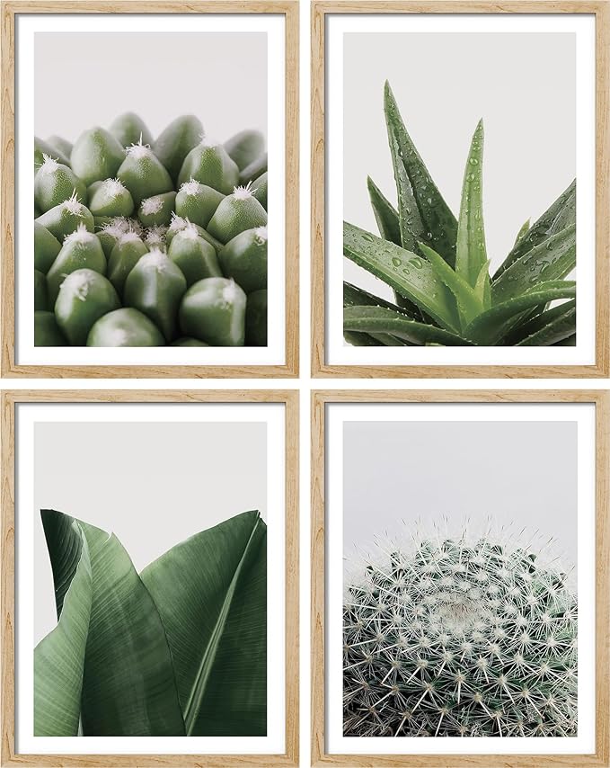 SIGNWIN Framed Tropical Island Wall Art, Set of 4 Green Desert Plant Cactus Snake Plant Wall Decor Prints, Nature Wilderness Wall Décor for Living Room, Bedroom - 12"x16" Natural