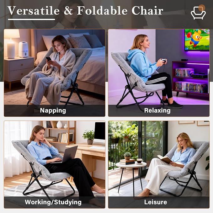 Furlide Comfy Dorm Chair - Oversized Folding Saucer Chair with Soft Faux Fur, Metal Frame, for Bedroom, Living Room, Balcony, Patio, Study, Playroom (Grey)