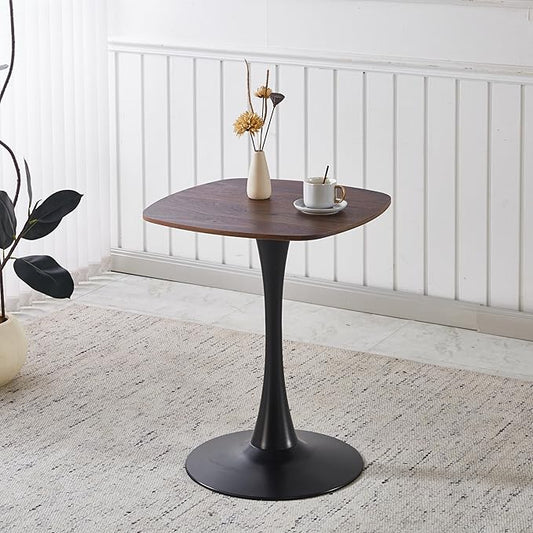 23.62 inches Walnut Square Side Table for 2, Special Kitchen Table with Tulip Shape & Metal Pedestal Base, Mid Century Modern Bistro Tulip Table for Bar, Small Space, Cafe