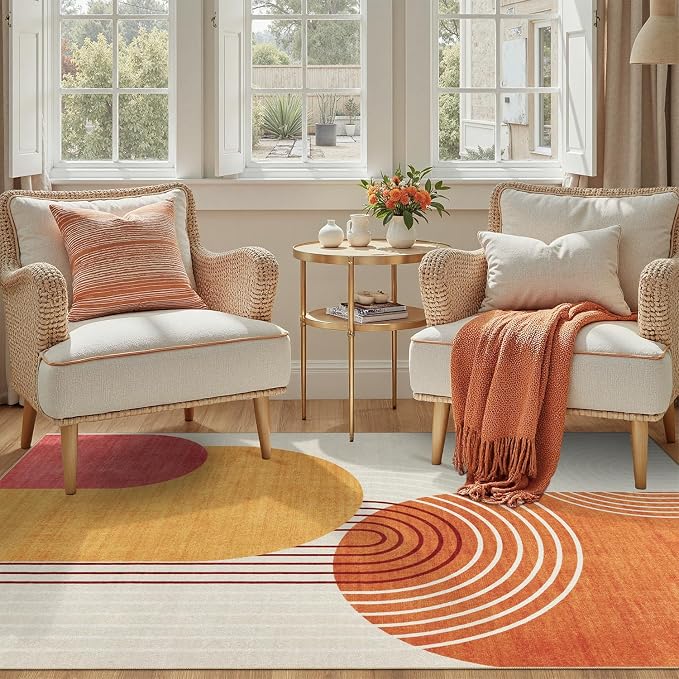 DCX Abstract Machine Washable 9x12 Rug, Mid Century Modern Rug for Living Room, Soft Low Pile Non Slip Carpet, Kid & Pet Friendly Stain Resistant Rug for Bedroom Dining Room Office, Orange & Yellow