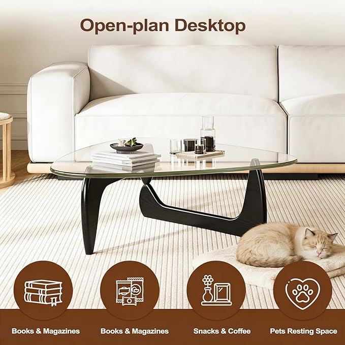Morden Coffee Table, 44.9″×32.3″×15.8″ Coffee Tables for Living Room, with Triangle Tempered Glass Top & Wood, Abstract