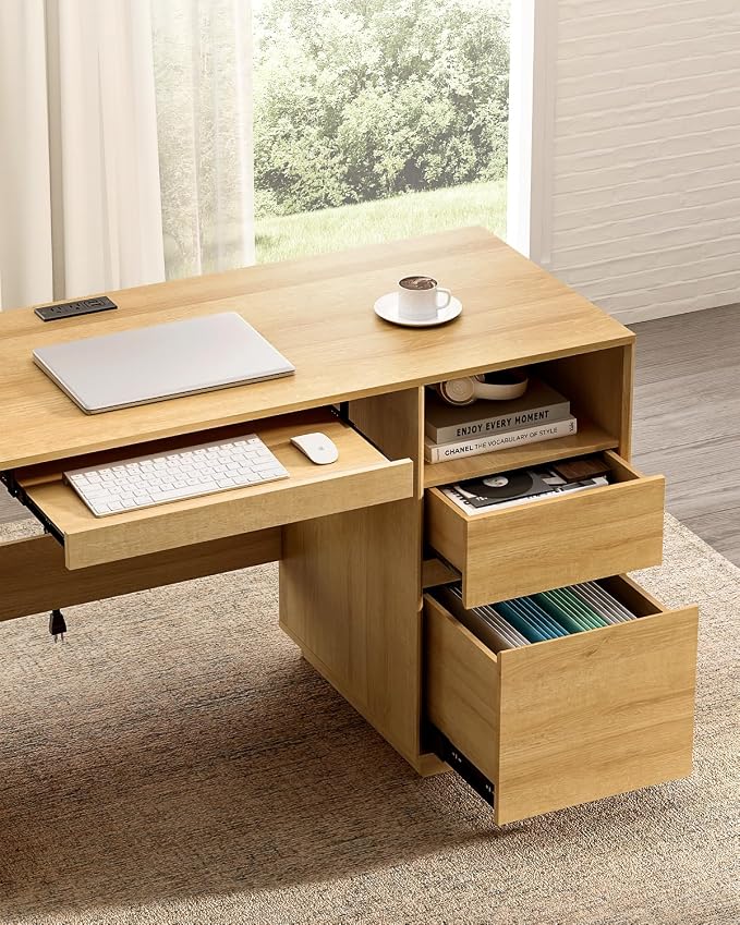 Farmhouse Computer Desk with File Drawer, 47" Executive Desk with Charging Station and Open Storage Compartment Wood Home Office Desk for Writing Study Working, Matural Oak