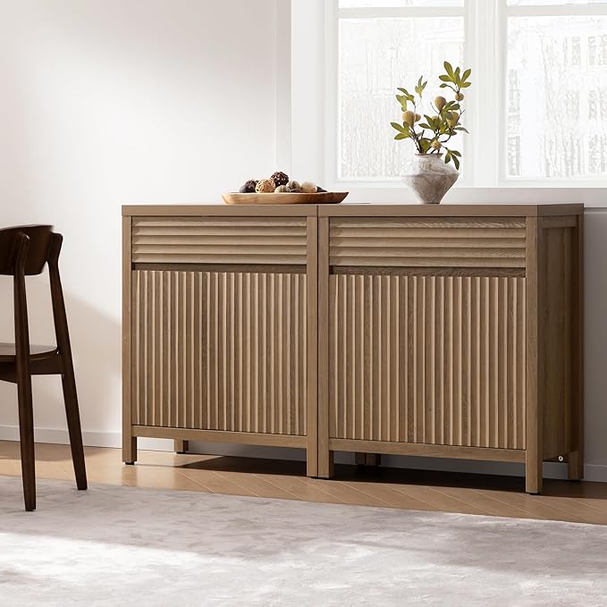 SICOTAS Fluted Buffet Cabinet with Storage - 58“ Large Sideboard Cabinet with Drawers & 3-Level Adjustable Shelf, Modern Credenza Coffee Bar Console Table for Kitchen Living Room Entryway, Caramel Oak