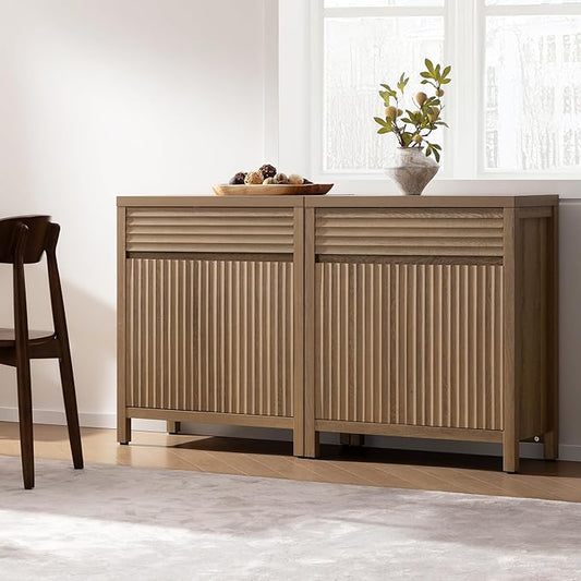 SICOTAS Fluted Buffet Cabinet with Storage - 58“ Large Sideboard Cabinet with Drawers & 3-Level Adjustable Shelf, Modern Credenza Coffee Bar Console Table for Kitchen Living Room Entryway, Caramel Oak