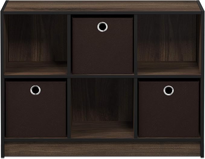 Furinno BASIC Book Shelf, 6-Cube Bookshelf with Open Shelf, 3 x 2 Bookcase with Storage Bins, Closed Back, Horizontal, 11.9 x 31.6 x 23.6, for Living Room, Bedroom, Home Office, Columbia Walnut