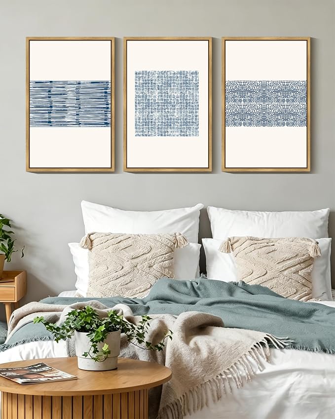 PHOPAGO 16x24in Large Blue Abstract Framed Wall Art Modern Boho Neutral Line Wall Decor Minimalist Geometric Artwork Bedroom Living Room Natural Framed