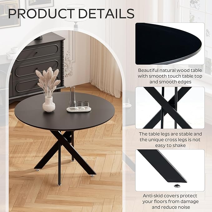 RGZ Mid Century Black Round Dining Table Set for 2, 36" Small Wooden Circle Kitchen Table & 2 White PU Leather Kitchen Chairs, Dinner Table Set for Home, Apartment, Dining Room