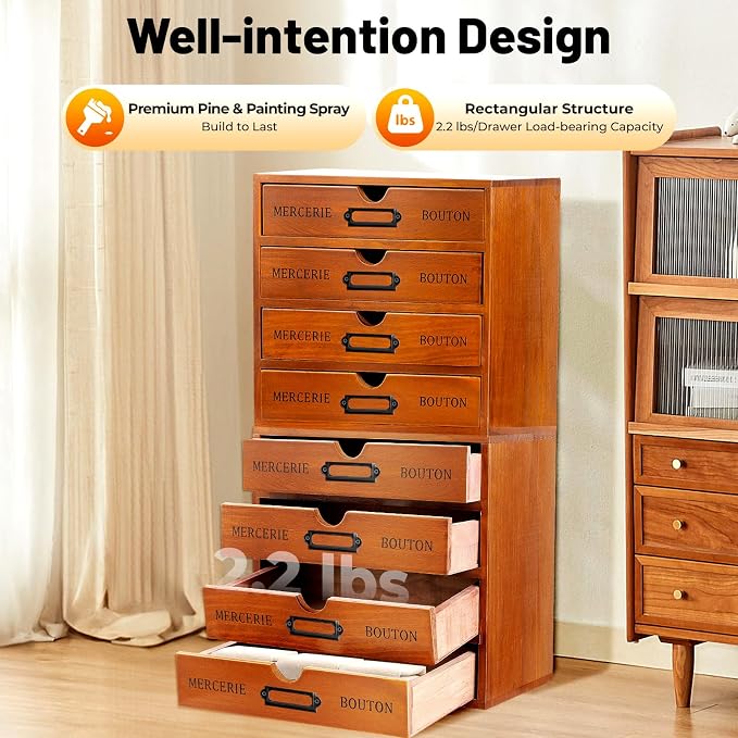 Vintage Drawer Wooden Drawers Organizer, 16-Drawer Desktop Organizer With Drawers, Iron Label Holders, Brown, For Store Cosmetics, Files, Books, Letters, Papers, Magazines