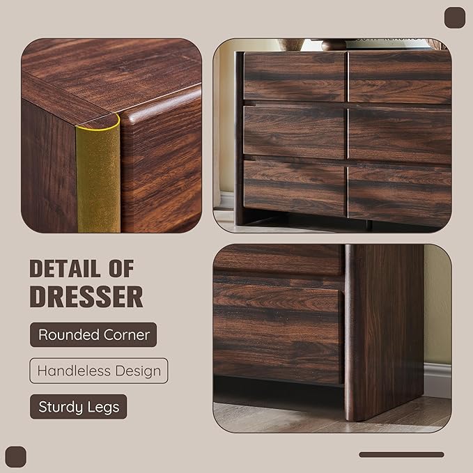 Modern 6 Drawers Dresser for Bedroom, 47" Wide Dresser w/Large Storage & Rounded Corner, Wood Handleless Chests of Drawers w/Natural Texture for Bedroom, Hallway, Living Room-Brown