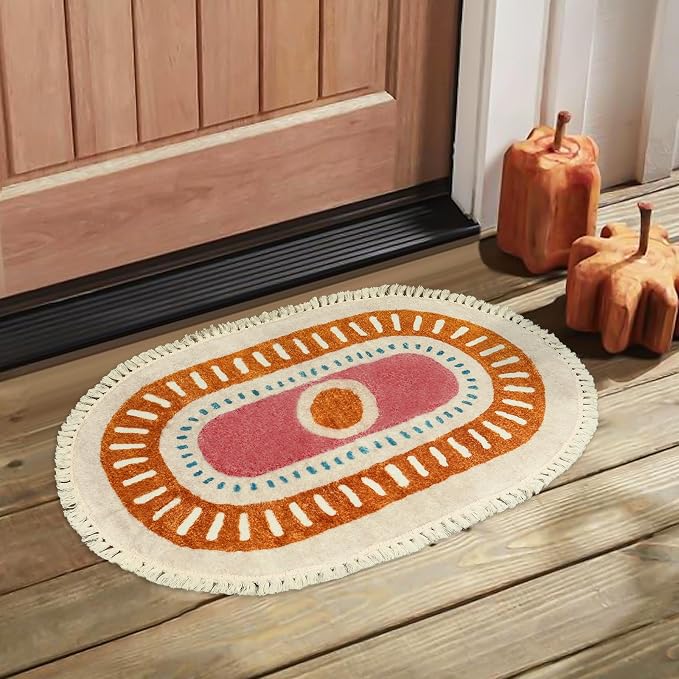 Lukinbox Boho Bathroom Rugs with Fringes, 2x3 Small Oval Washable Sun Area Rug for Bedroom, Ultra Soft Non-Slip Rainbow Throw Rug for Kids Room Nursery Entryway Kitchen