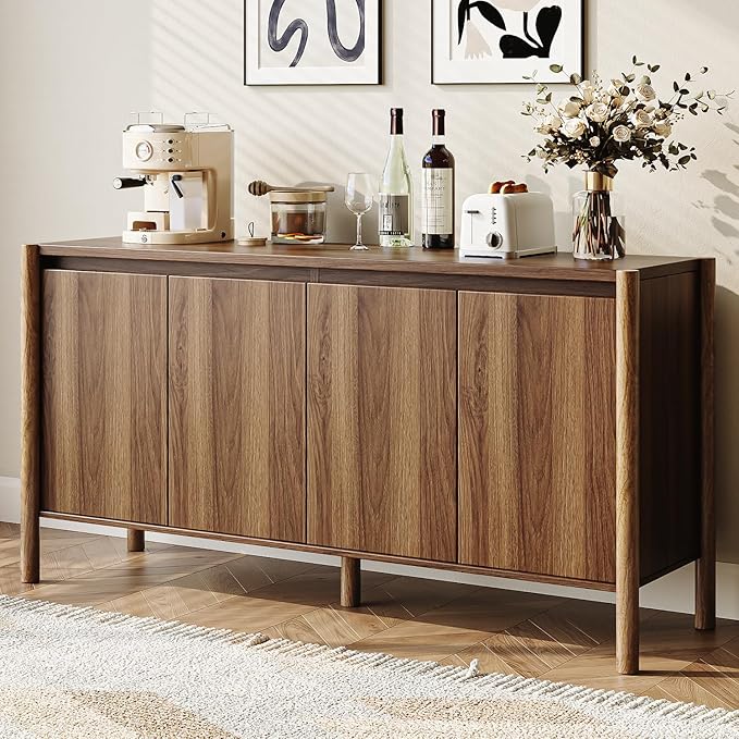 CHUWELL Walnut Sideboard Buffet Cabinet - 59" Mid Century Buffet Storage Cabinet with 4 Doors, Adjustable Shelves, and 4 Solid Wood Round Legs- Coffee Bar Table for Kitchen