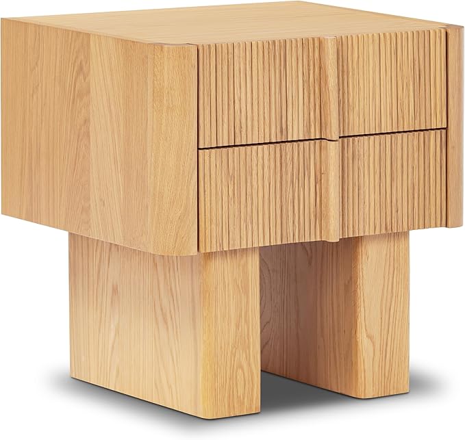 Poly & Bark Toledo 22” Nightstand – Solid and Veneered American White Oak Construction with Ribbed Drawer Fronts and Soft‑Close Drawers – Textural Modern Bedside Table for Stylish Bedrooms