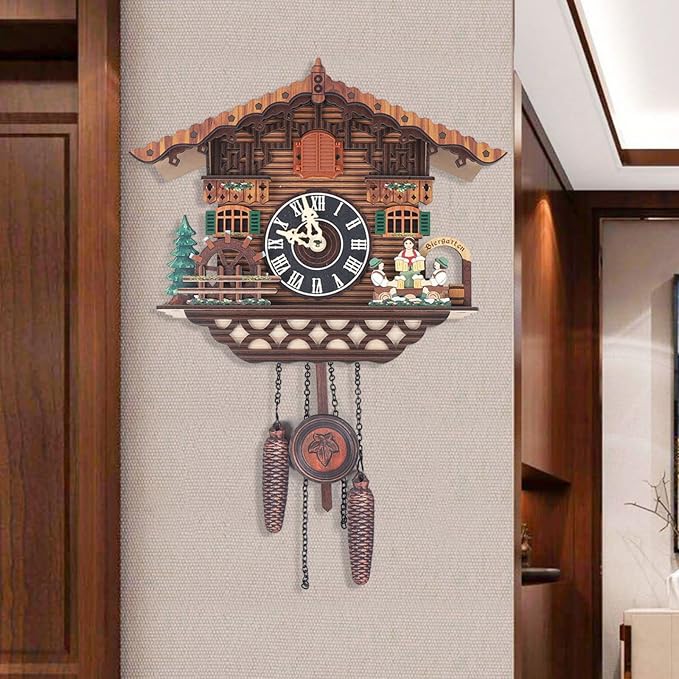 Cuckoo Clock, Retro Wooden Cuckoo Birdhouse Antique Wall Clock Forest Clock Home Decor Auto Swing with Singing Bird Vintage Chalet Design(No Battery) (Type C)