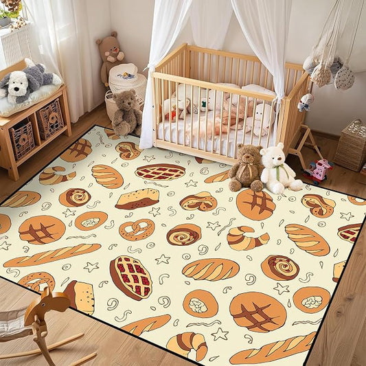 Cute Bread Area Rug 3D Cattoon Carpt Waffle Croissant and Muffin Rugs for Bedroom Living Room Kitchen Nursery Playroom Home Decor Washable Non Slip Floor Mat,4'x6'