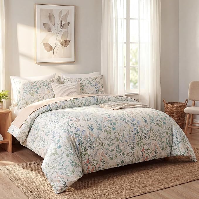 Duvet Cover Full Size 100% Cotton Comforter Cover Green Floral Breathable Duvet Cover with Zipper Closure & Corner Ties 3 Pcs Green Fragrant Grass Duvet Cover Set