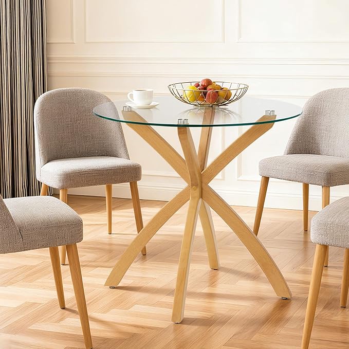 ivinta Small Glass Dining Table for 2-4 People, 31.5" Round Coffee Table with Solid Wood Legs, Mid-Century Modern Kitchen Table for Dining Room, Living Room, Restaurant, CURD-80 (Natural Wood)