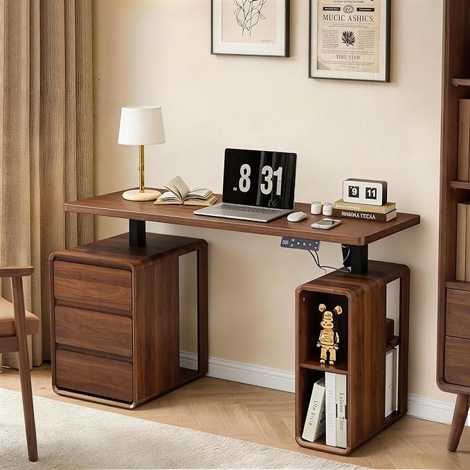 AVZEAR Farmhouse Electric Standing Desk, 55" Height Adjustable Computer Stand up Desk with 3 Drawers and Storage Shelf, Mid Century Modern Home Office Desk Wood Sit Stand Desks for Work, Study, Walnut