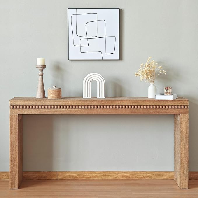 Wood Console Table, 64" Retro Long Sofa Table Behind Couch with Real Wood Beads Decor, Wooden Narrow Sofa Table Hall Table for Living Room Foyer Entrance Entryway, Natural