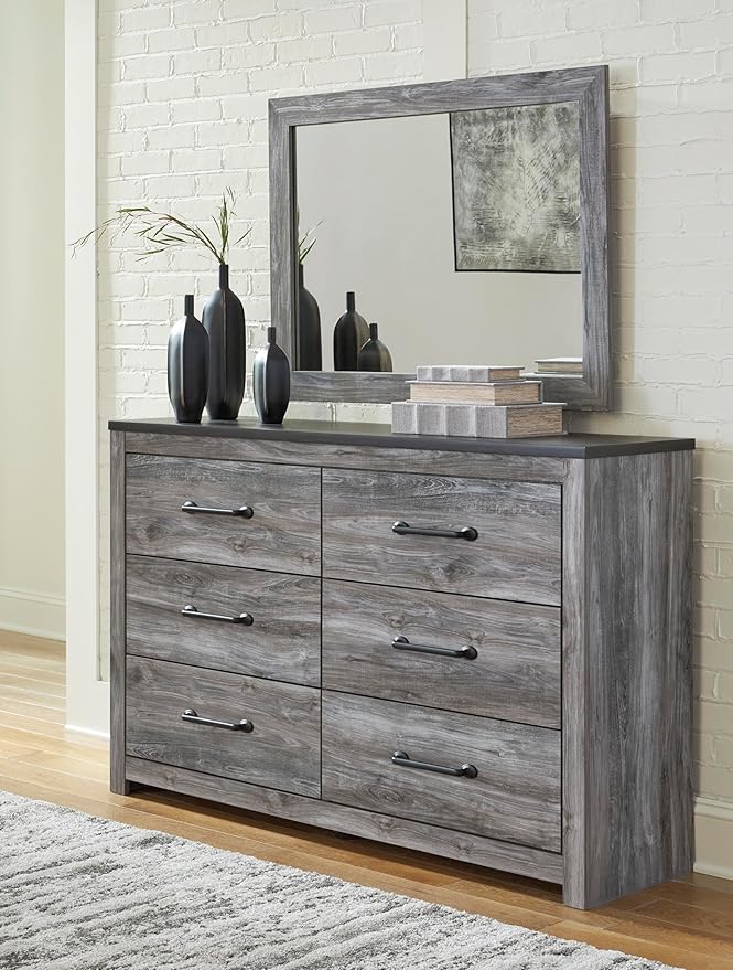 Signature Design by Ashley Bronyan Contemporary Smooth-Gliding 6-Drawer Dresser and Mirror with Safety Stop, Gray