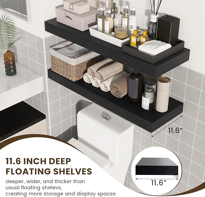 Deep Floating Shelves | 36 Inch Black Floating Shelves Set of 2 | 12 Inch Deep Rustic Wood Shelves for Wall | 36" W x 12" D Black Shelves for Living Room Bathroom Laundry Room Kitchen