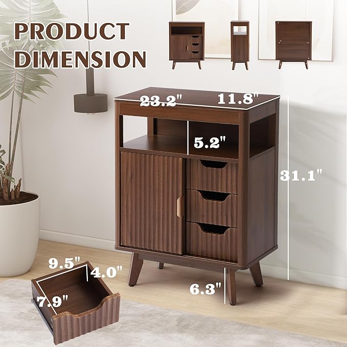 Fluted Floor Bathroom Cabinet with Sliding Door, Modern 3 Drawers Storage Organizer with Adjustable Shelf, Mid Century Bathroom Storage Cabinet with Curved Edge for Bathroom Dining Room (Brown)