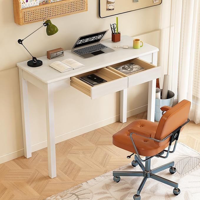 100% Solid Wood Desk with Drawers 39 x 15 Inch Mid Century Modern Desk Vintage Small Writing Wooden Desks for Small Spaces Bedroom, Living Room, Office