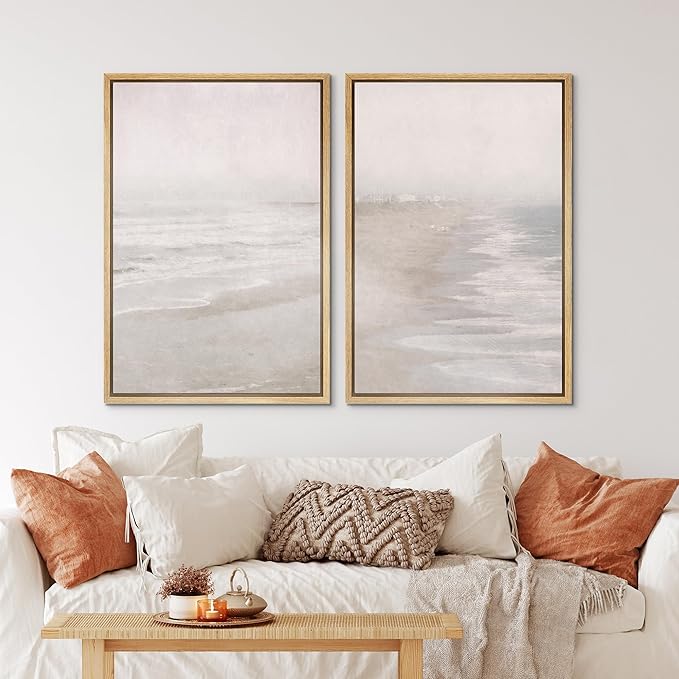 IDEA4WALL Framed Canvas Print Wall Art Set Abstract Beach Shore Ocean Wave Landscape Nature Wilderness Illustrations Modern Art Decorative Coastal Cottage Seascape for Bedroom - 24"x36"x2 Natural