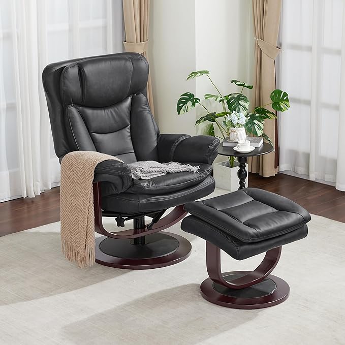 MCombo Oversized Swivel Recliner Chair with Ottoman, Adjustable Backrest, 360° Wood Base, High Seat, Faux Leather Lounge Chair for Tall Users in Living Room, Bedroom, or Office 4651 (Dark Grey)