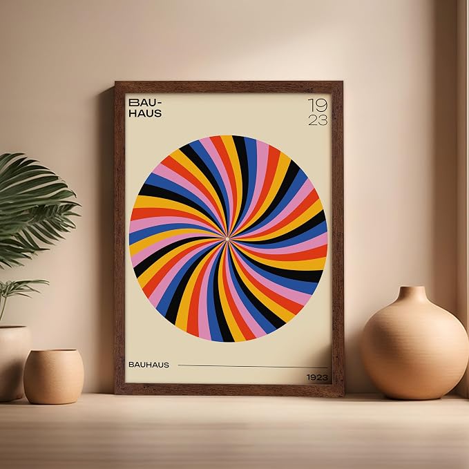 Poster Master Bauhaus Poster - Spiral Colors Print - Geometric ART - Abstract ART - Psychedelic Style - Chic Boho - Mid Century Modern - Living Room or Bedroom Decor - 16x20 Brown Framed