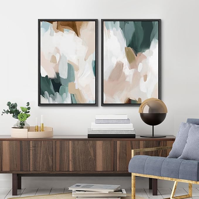 MUDECOR Framed Canvas Print Wall Art Watercolor Pastel White Blue Pattern Abstract Illustrations Modern Art Decorative Bohemian Colorful Chic for Living Room, Bedroom, Office - 24"x36"x2 Black