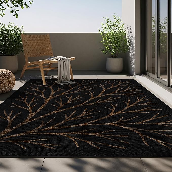 Washable Indoor Outdoor Rug 10x14 Modern Area Rugs Branch Pattern Non Shedding Waterproof Easy Clean Patio Deck Porch Living Room Bedroom Garden RV (10 X 14 Gold)