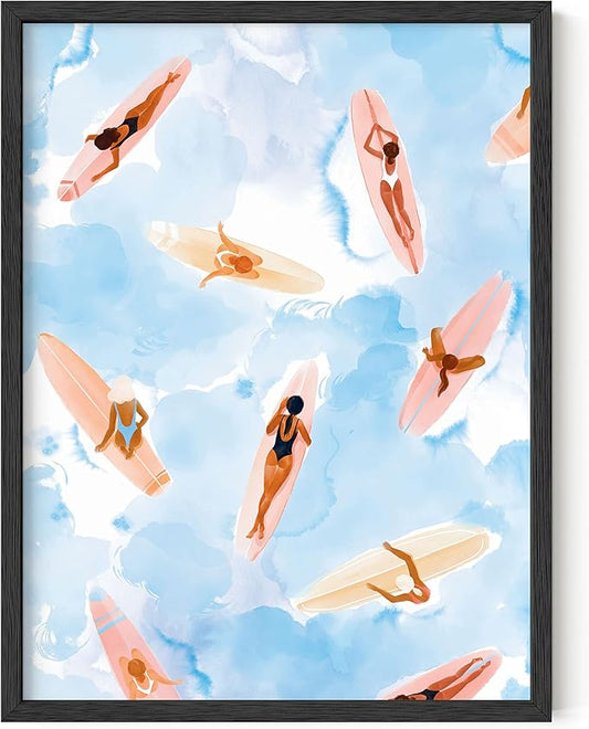 HAUS AND HUES Beach Art - Surfer Girl Poster, Beach Themed Prints, Ocean Seascapes, Watercolor Art Design (Unframed, 12x16)