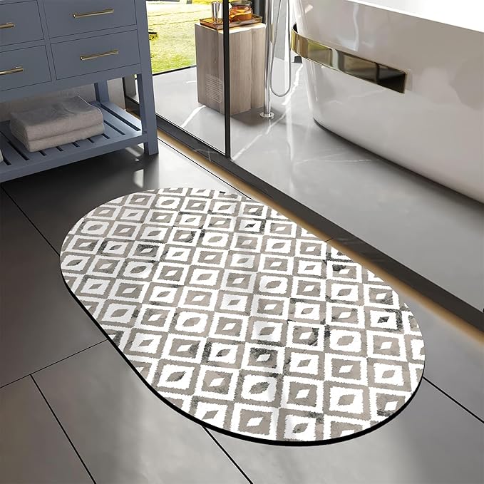 Diatomaceous Mud Bath Mat Grey Modern Geometric Oval Soft Wrinkle Free Bathroom Floor Rugs Non-Slip Super Absorbent Fast Drying Bath Rug for Bathroom Kitchen Door Mat 23.6x15.7 Inches