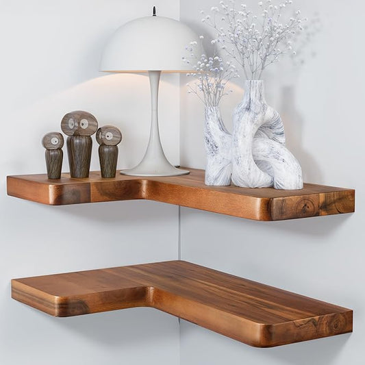 BATODA Acacia Wood Corner Floating Shelves 17" x 12"– Corner Shelf Wall Mounted - Floating Book Shelves for Wall - Brackets and Shelving Hardware Included for Kitchen, Living Room, Bathroom (Set 2)