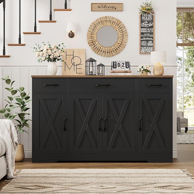 HOSTACK Buffet Sideboard Cabinet with Drawers, 55" Large Buffet Storage Cabinet with Shelves and Doors, Modern Farmhouse Coffee Bar Station for Kitchen, Dining Room, Black/Rustic Brown
