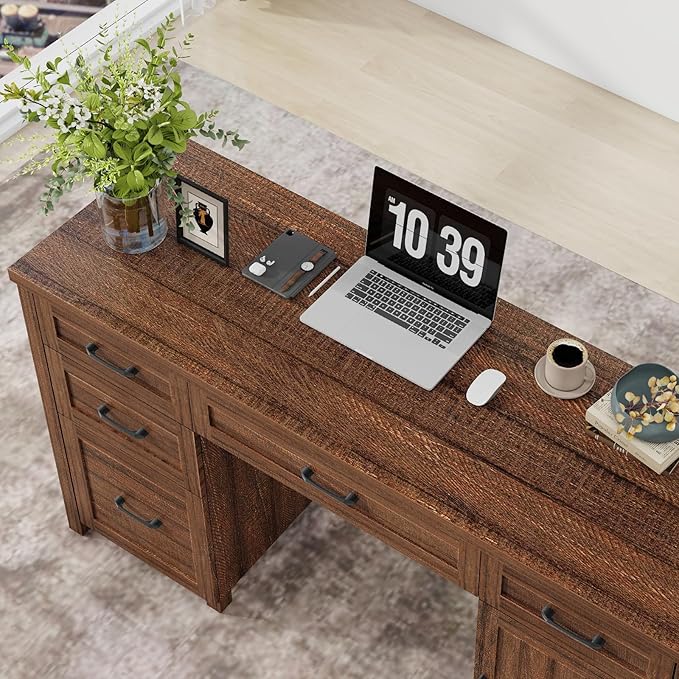 Vabches Farmhouse 61'' Executive Desk with 5 Drawers, Rustic Office Desk Computer Desk, File Drawers and Storage Cabinet, Wood Workstation for Study and Home Office. (Red-Brown)