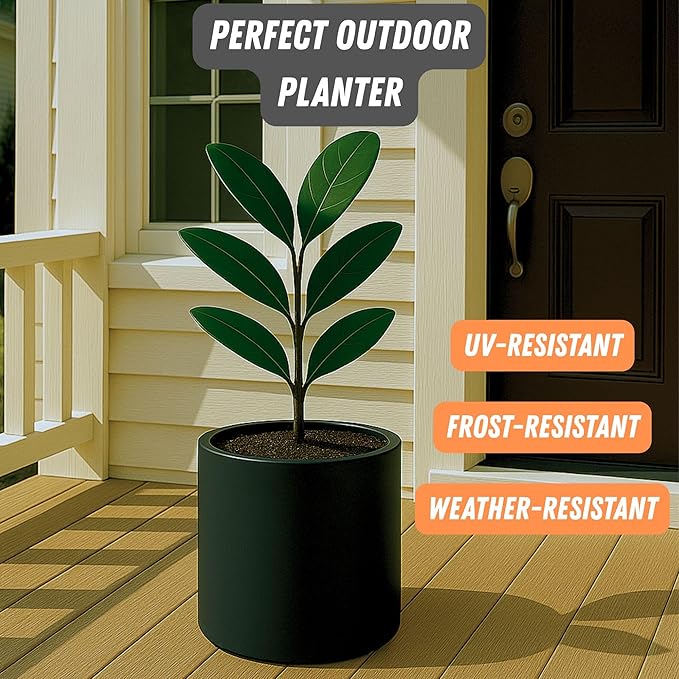 Fox & Fern Large Indoor Planter, Modern Large Plant Pot for Indoor or Outdoor, UV and Frost Resistant - 10 Inch, Fiberstone, Matte Black Flower Pot with Drainage Plug, Lightweight