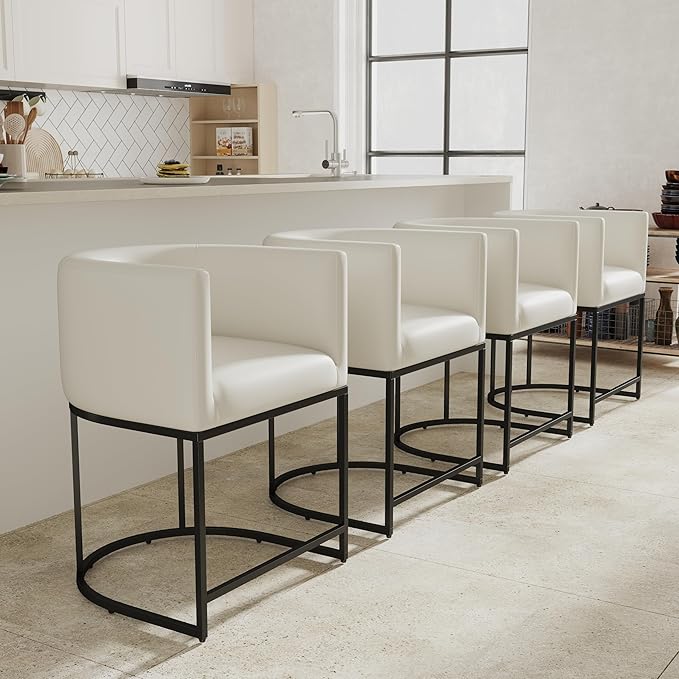 PU Leather Bar Stools, Modern Upholstered Counter Height Bar stools 24" Leather Barstools Barrel Kitchen Counter Island Stools with Black Metal Base, White