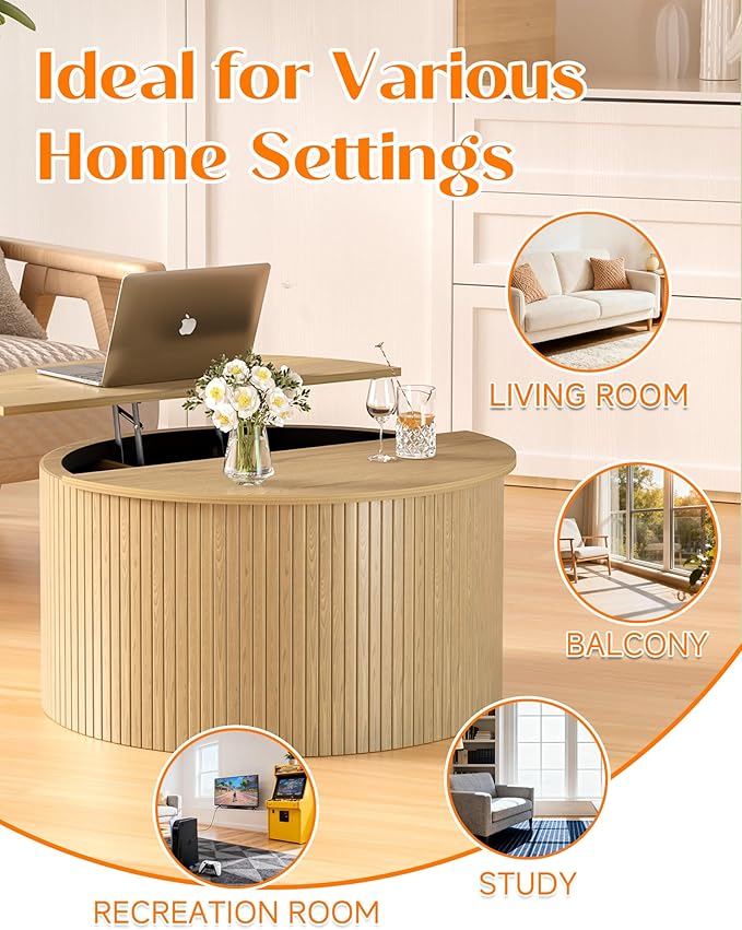 Fluted Round Coffee Table with Lifting Top, 31.5" Oak Small Circle Coffee Table with Storage for Living Room