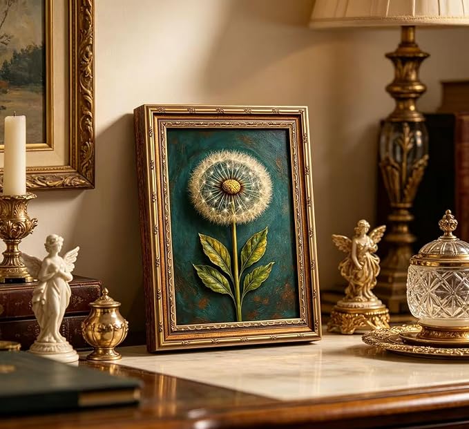 Vintage Gold Framed Dandelion Canvas Wall Art, Teal Background Botanical Oil Painting Print, Retro Moody Botanical Picture Poster， Country Farmhouse Wall Decor，for Home Living Room Bedroom，16x24in