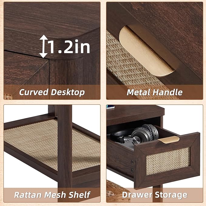 Lerliuo Narrow Night Stand with Charging Station, Boho Nightstand with Drawer, Bed Side End Table with Rattan Shelf for Small Spaces, Wood Nightstands Bedside Tables for Living Room Bedroom