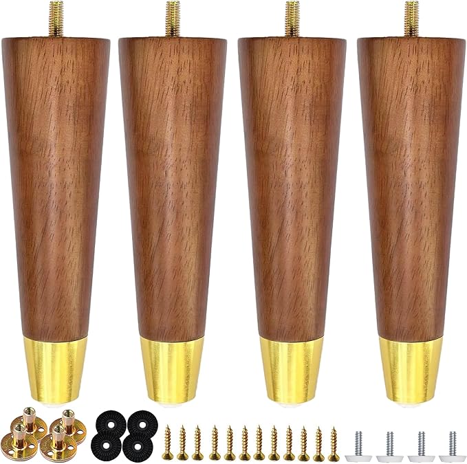 8 inch Hard Wood Furniture Legs with Gold Hardware Mid-Century Modern Replacement Round Legs for Couch Dresser Cabinet Vanity Ottoman Walnut Color Sofa Legs 4 Pack