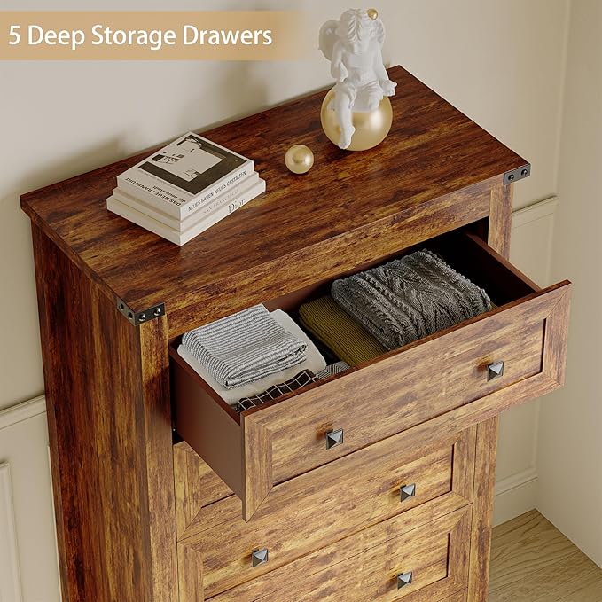 Brown Dresser Tall 5 Drawer Dresser for Bedroom, Wooden Dressers & Chests of Drawers with Metal Handles, Modern Storage Cabinet and Organizer Drawers for Living Room, Hallway