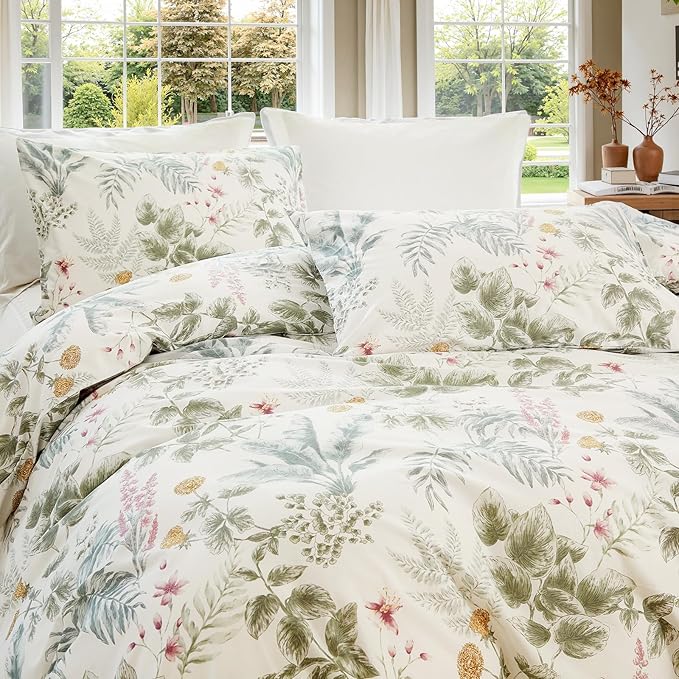 100% Cotton Duvet Cover King Size Sage Green Floral Bedding Set Reversible Botanical Comforter Cover 3 Pcs Vintage Cottagecore Aesthetic Soft Bedding Sets for All Season